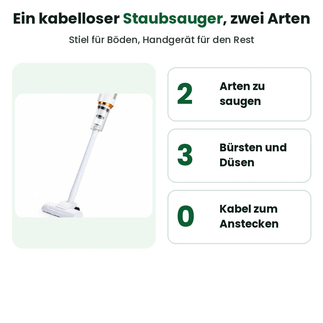 Kabelloser Akku-Staubsauger als Stiel- und Handgerät mit 3 Bürsten und Düsen