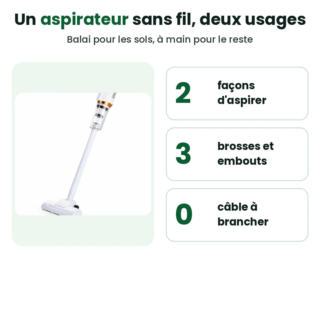 Aspirateur sans fil balai et à main avec 3 brosses et embouts