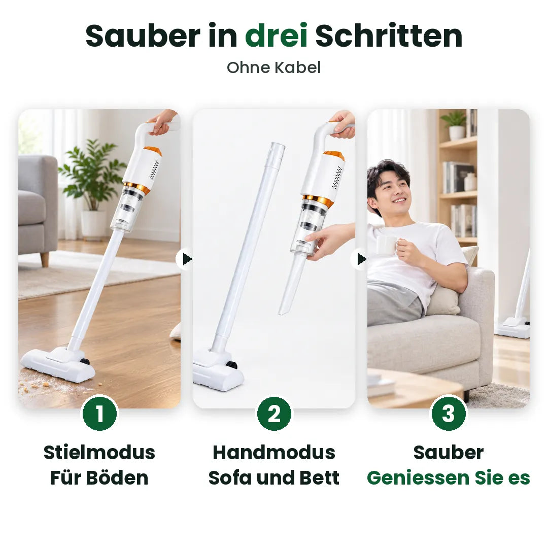 Drei Schritte mit dem Akku-Staubsauger: Stielmodus, Handmodus, sauberes Zuhause
