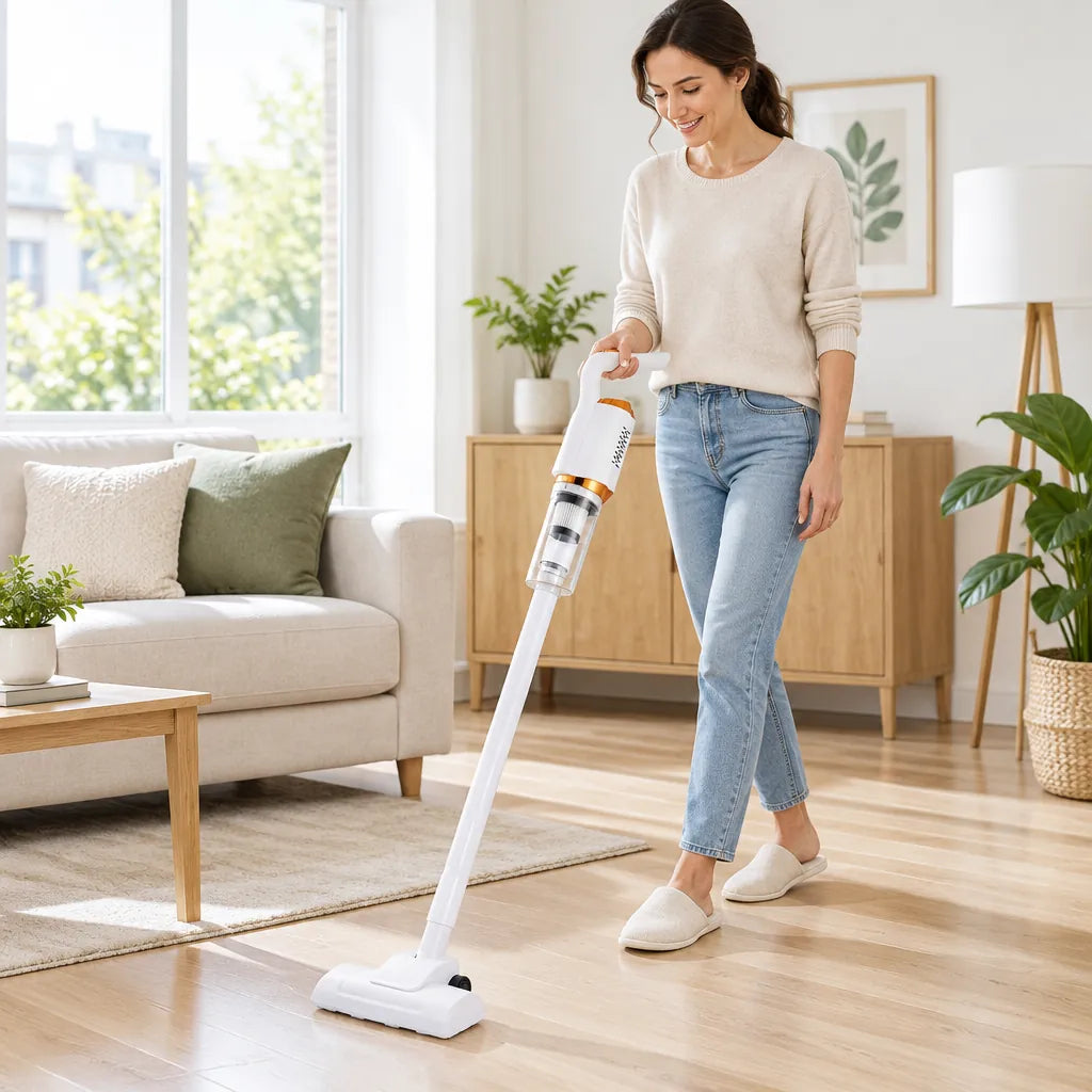 Woman vacuuming a living room floor with a cordless stick vacuum cleaner