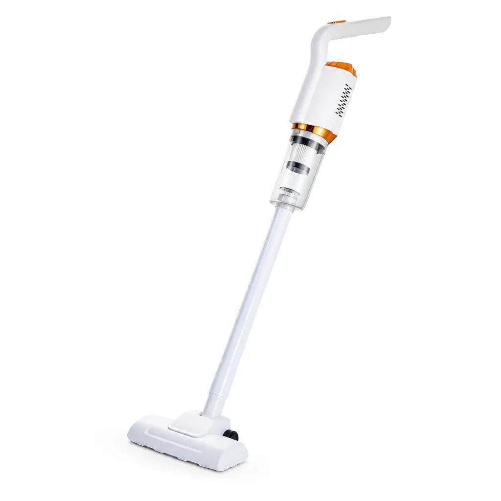 White cordless stick vacuum cleaner with floor head and handheld motor unit on a white background