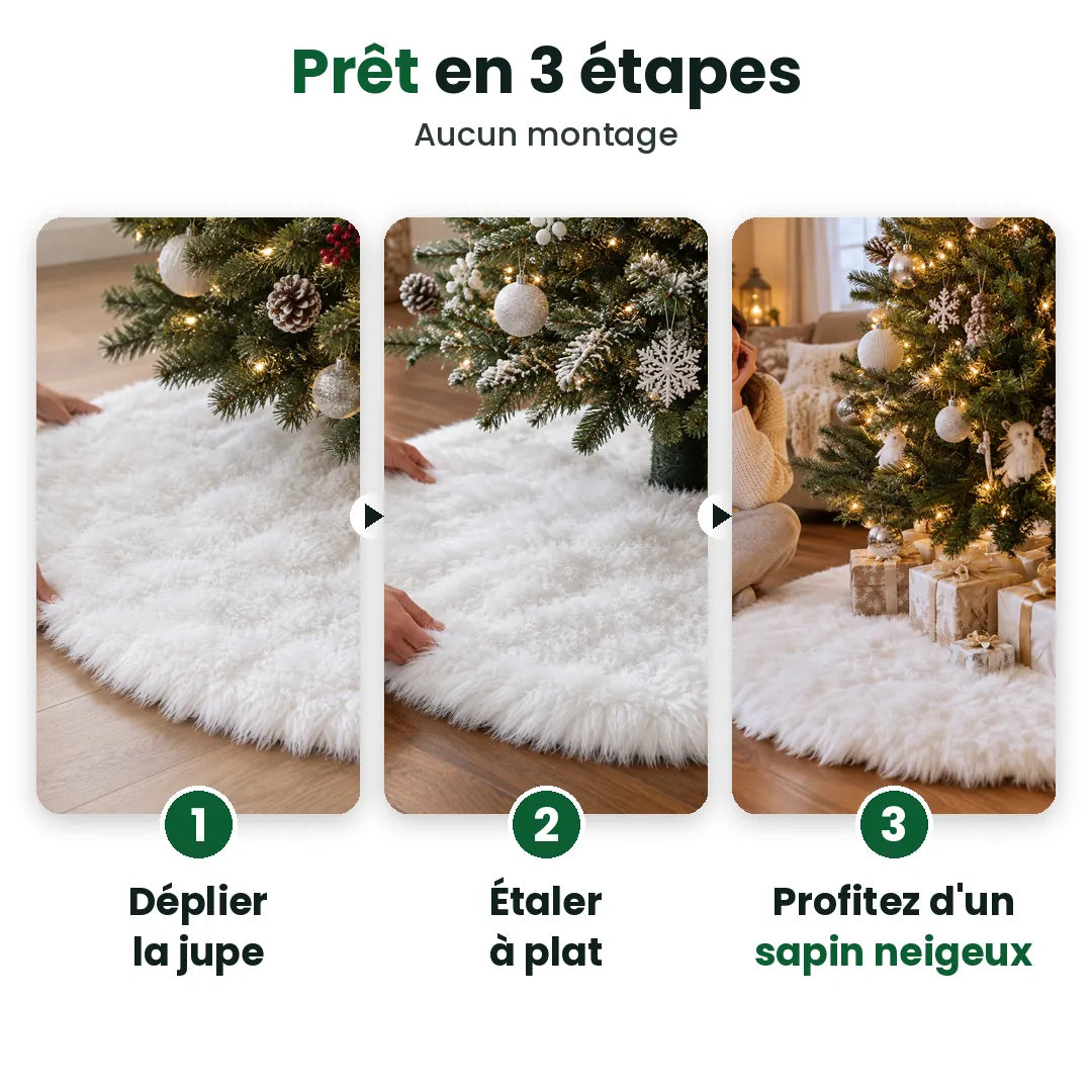 Trois étapes pour poser une jupe de sapin blanche : déplier, étaler, profiter
