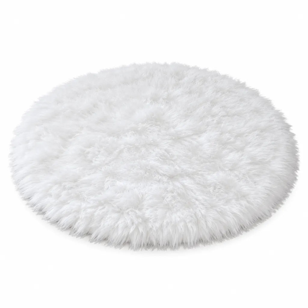Round white faux fur Christmas tree skirt on a white background