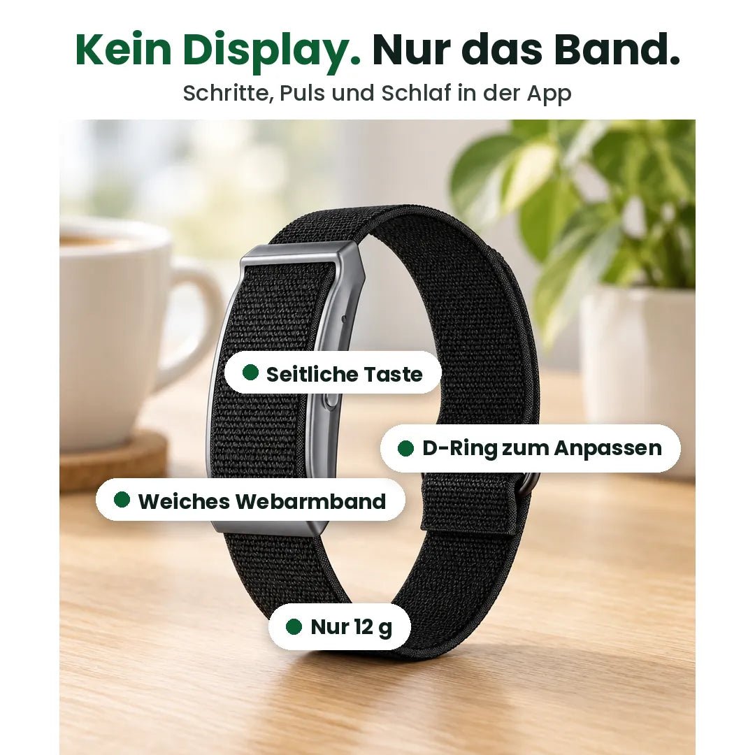 Fitness Armband ohne Display mit Webarmband, seitlicher Taste und D-Ring, beschriftet