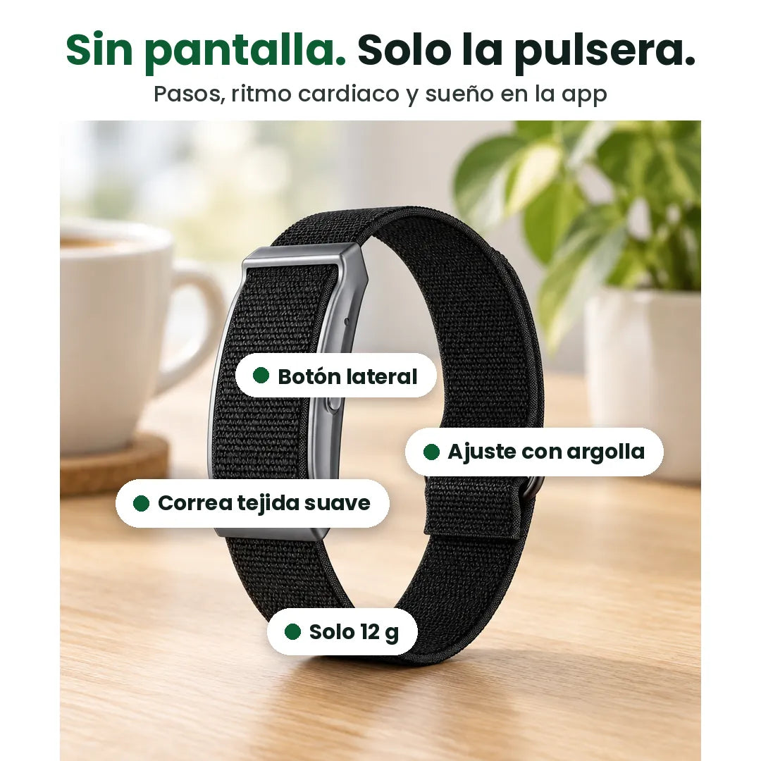 Pulsera de actividad sin pantalla con correa tejida, botón lateral y argolla, con etiquetas