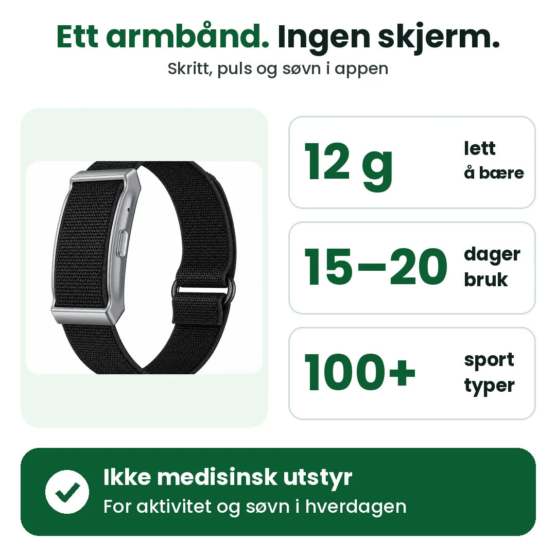 Treningsarmbånd i korte trekk: 12 g, 15 til 20 dager per lading, over 100 sportsmoduser