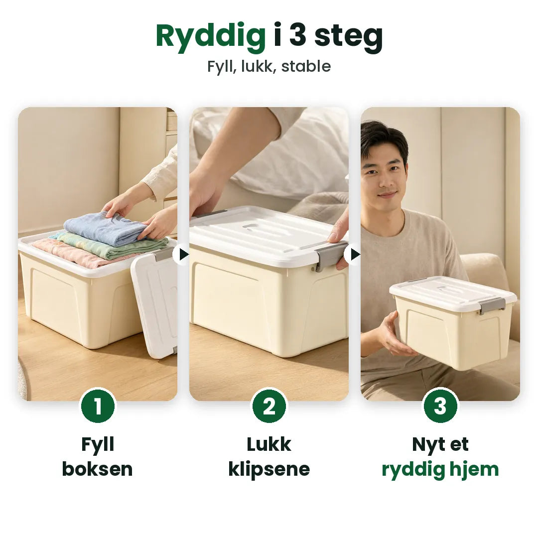 Tre steg til ryddig oppbevaring: fyll boksen, lukk klipsene, nyt et ryddig hjem