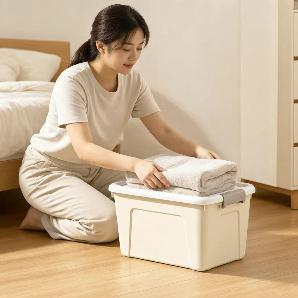 Woman placing a folded blanket in a cream storage box with lid on a bedroom floor