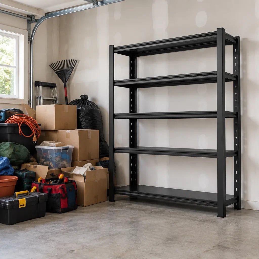 Cluttered garage corner with boxes and bags on the floor next to an empty 5-tier metal shelf