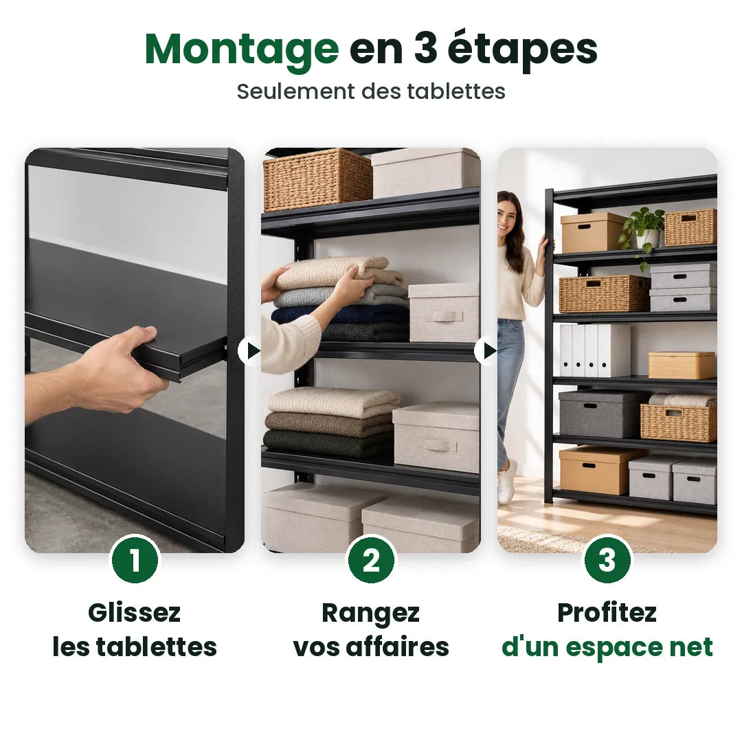 Trois étapes pour monter une étagère de rangement en métal : glisser, ranger, profiter