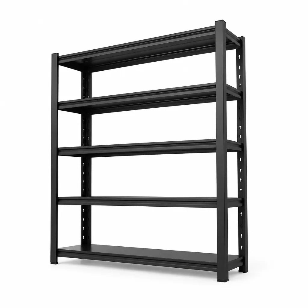 Black 5-tier freestanding metal storage shelf unit on a white background
