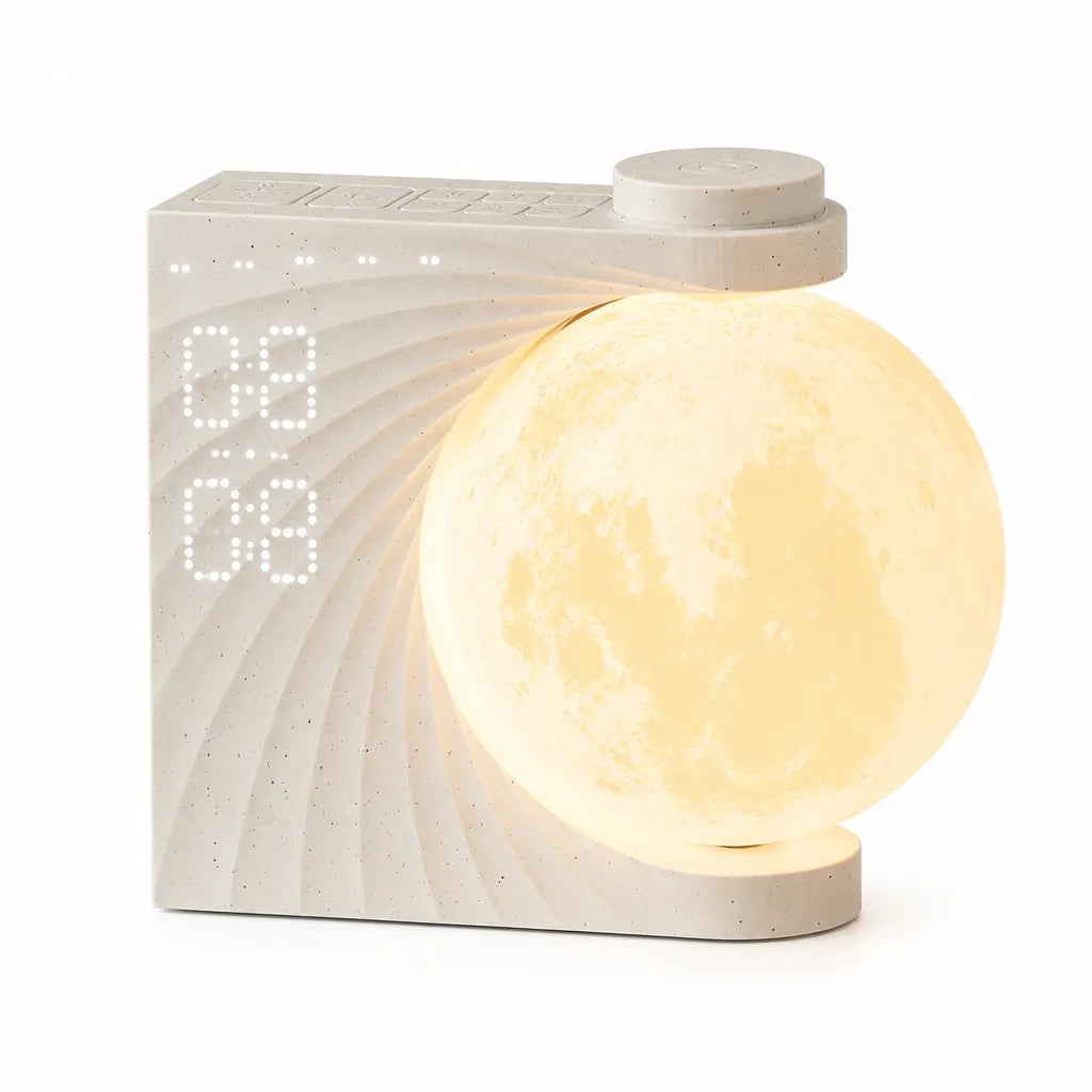 Moon lamp sunrise alarm clock with dotted LED display on a white background