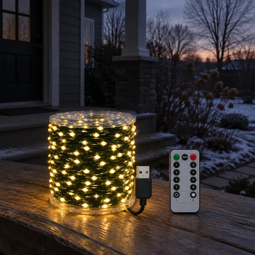 Bobine de guirlande LED allumée sur une rampe de bois au crépuscule, avec une télécommande à côté