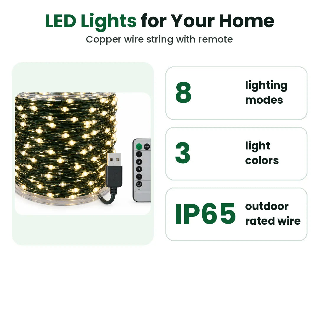 LED Christmas string lights with 8 modes, 3 colors and an IP65 rated wire
