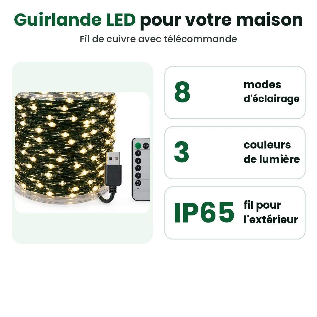 Guirlande LED de Noël avec 8 modes, 3 couleurs et un fil classé IP65