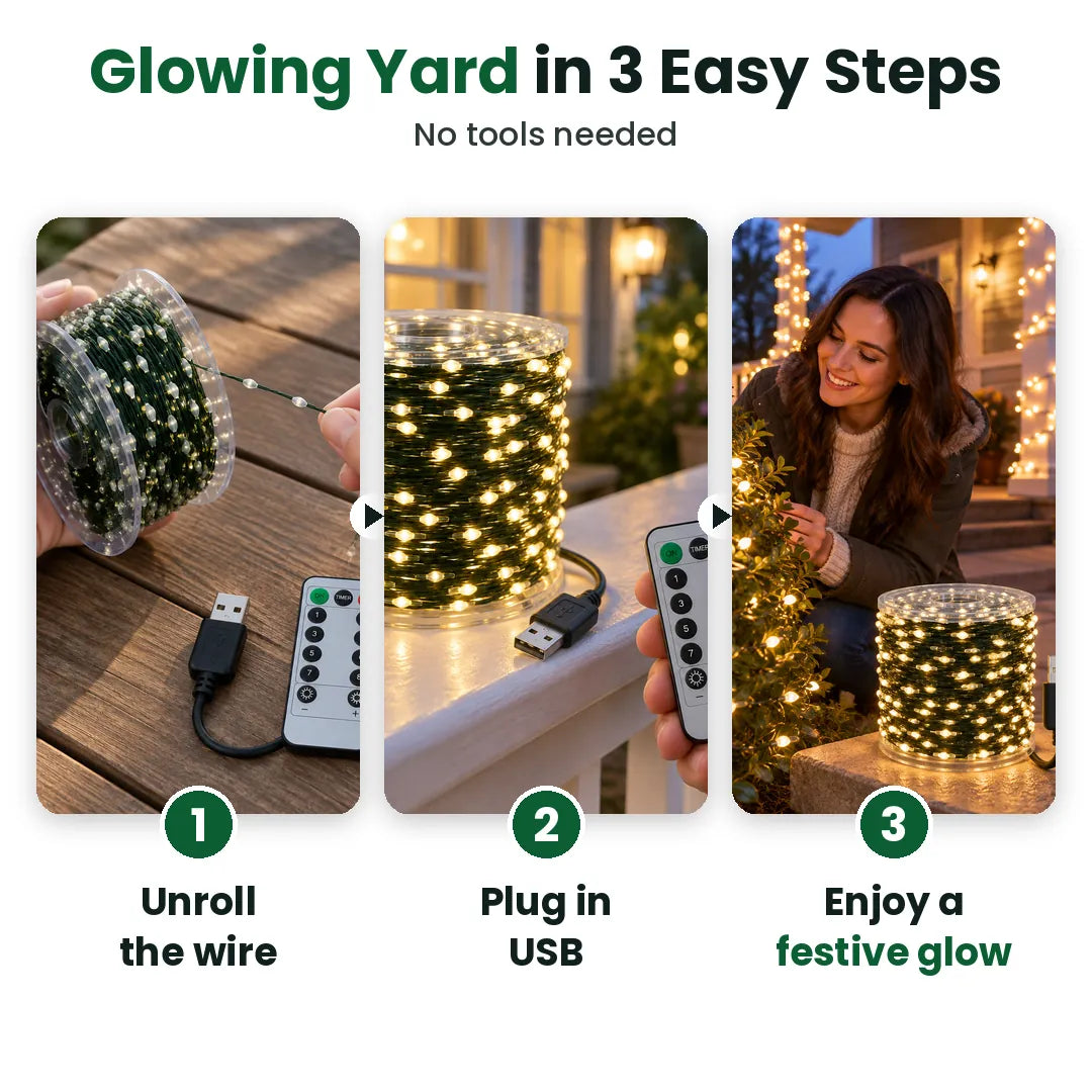 Three steps: unroll, plug in USB, enjoy the glow of your LED Christmas lights