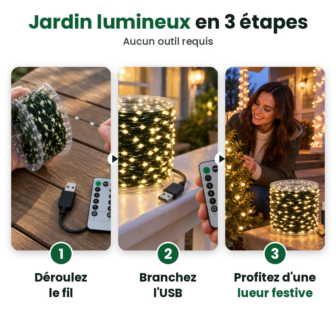 Trois étapes : déroulez, branchez l'USB, profitez de vos lumières de Noël LED