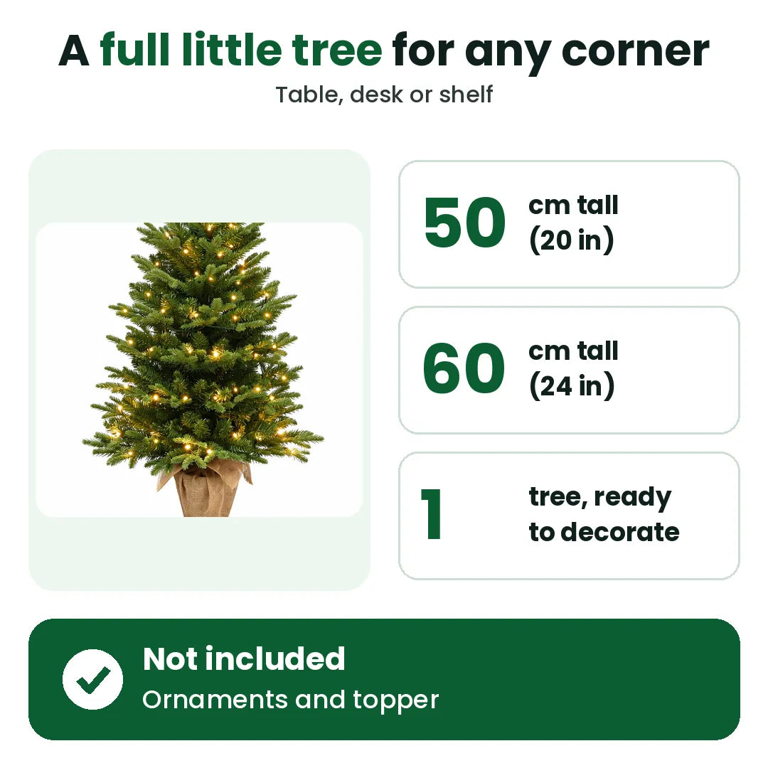 Small Christmas tree in 50 cm and 60 cm heights, with a list of what is and isn't included