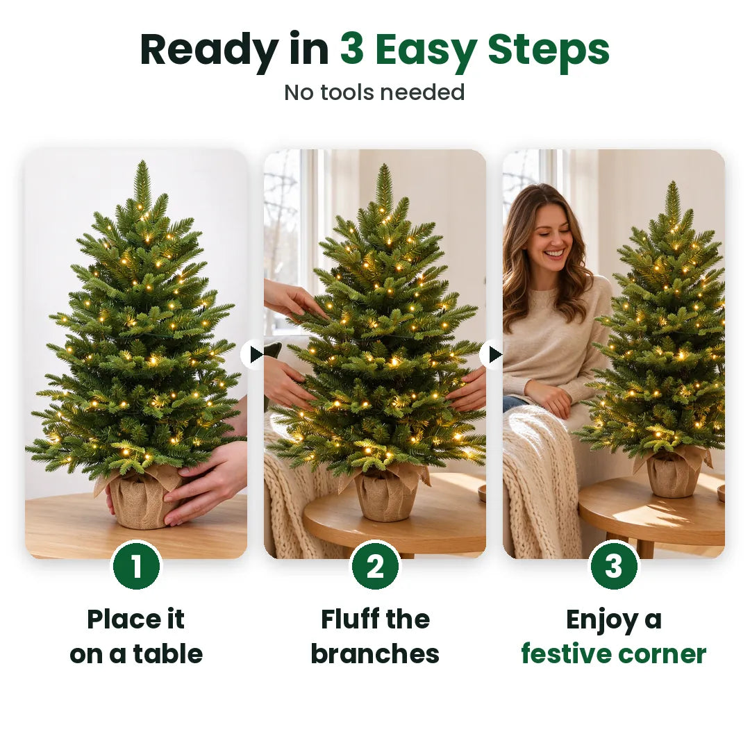 Three steps to set up a mini Christmas tree: place it, fluff the branches, enjoy it