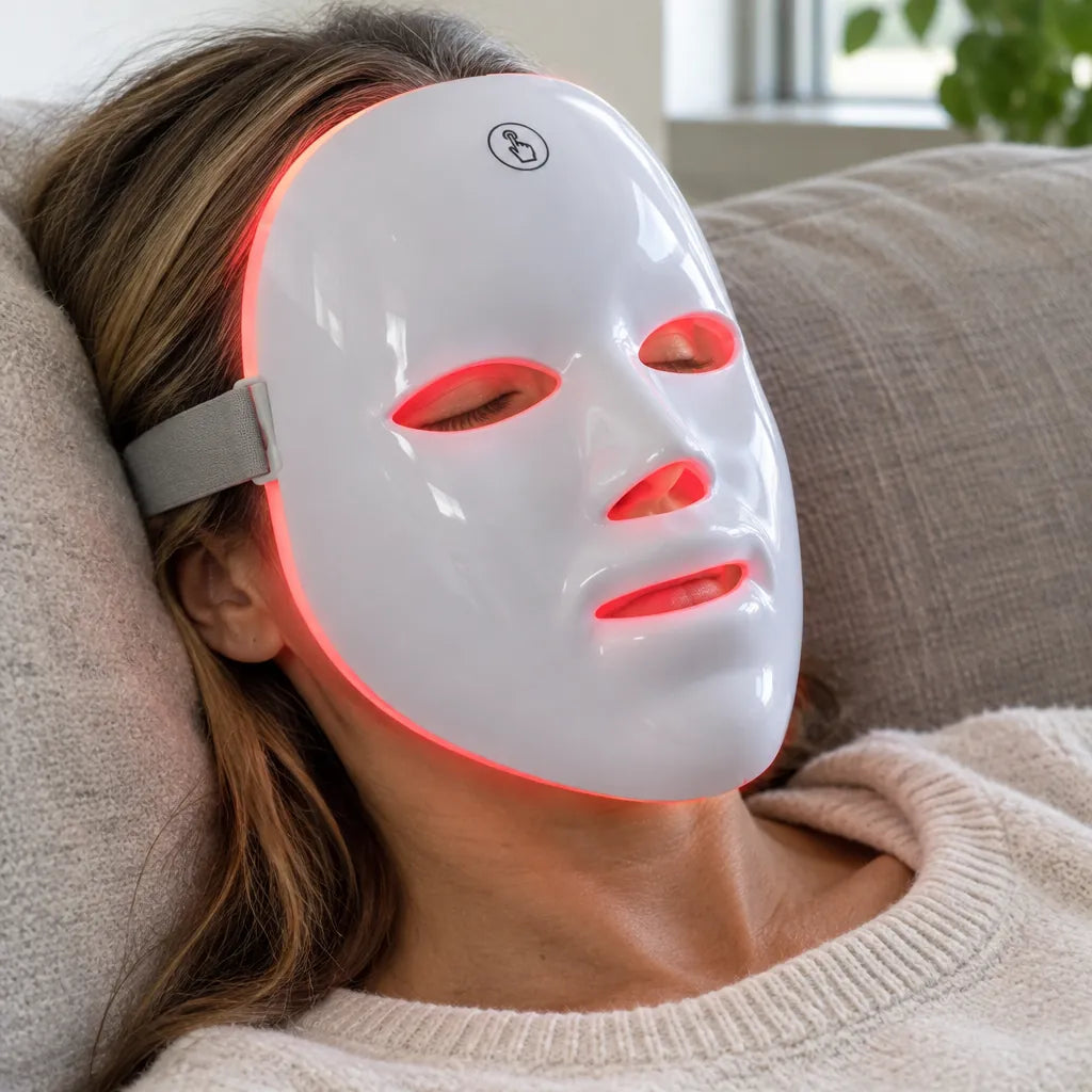 Close-up of a woman resting on the sofa with a red light face mask on