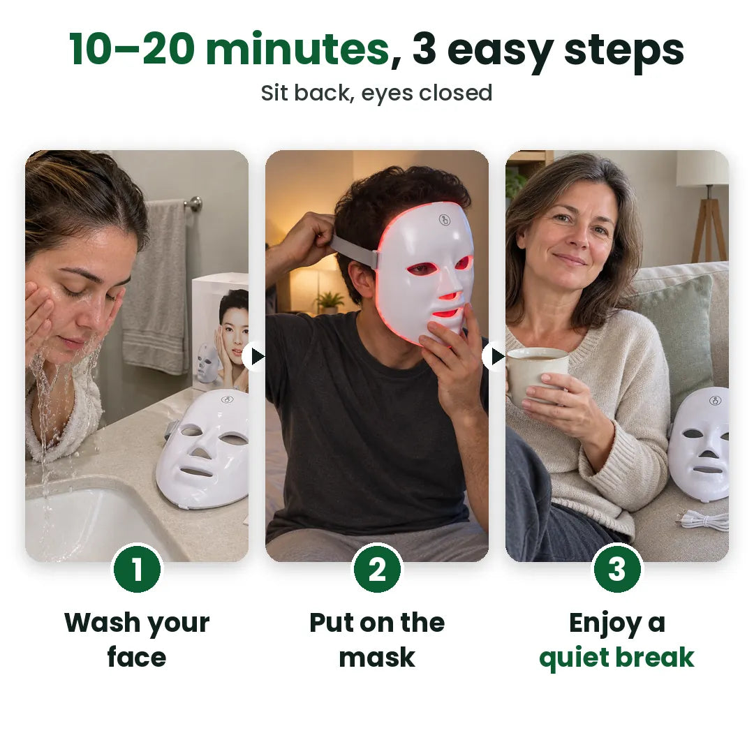 Three steps with an LED face mask: wash your face, put on the mask, enjoy a quiet break