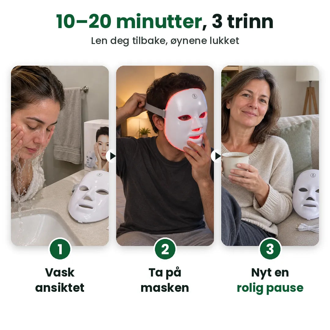 Tre trinn med LED-ansiktsmasken: vask ansiktet, ta på masken, nyt en rolig pause