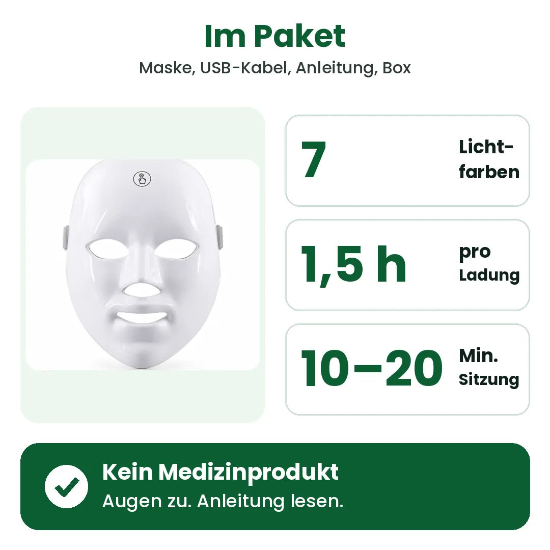 Das bekommen Sie mit der LED Gesichtsmaske: 7 Lichtfarben, 1,5 h pro Ladung, 10–20 Min.