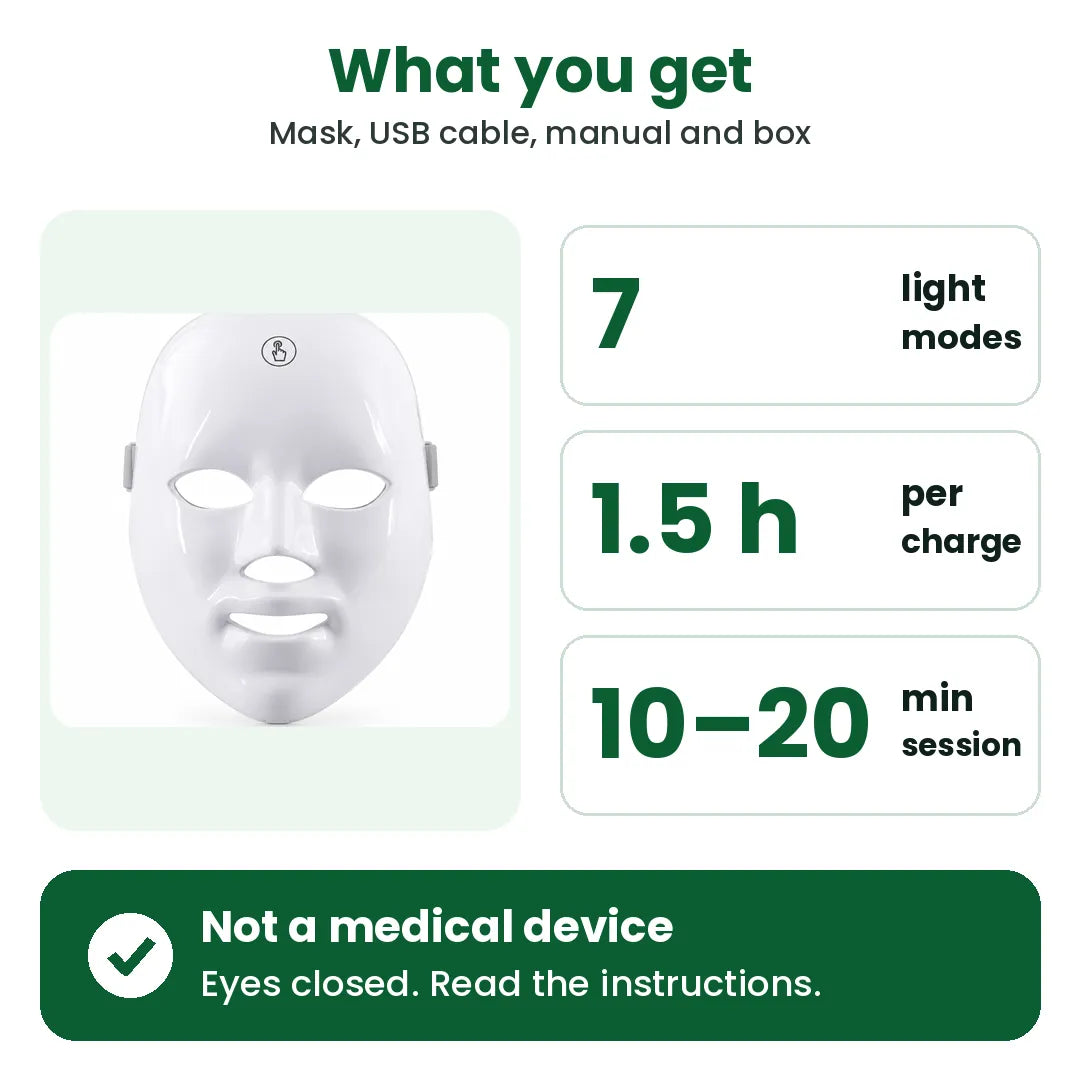 What you get with the LED face mask: 7 light modes, 1.5 h per charge, 10-20 min sessions