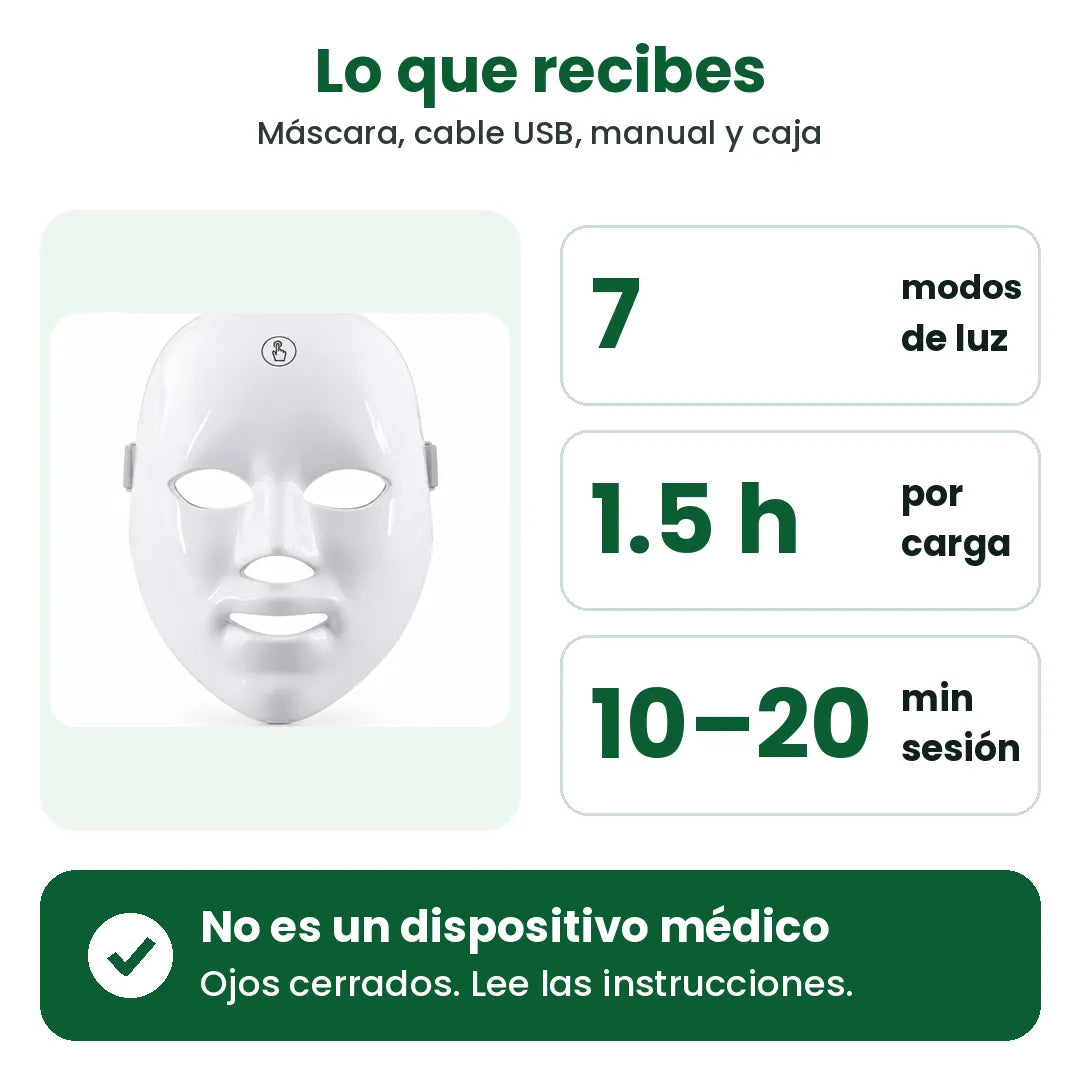 Lo que recibes con la máscara LED facial: 7 modos de luz, 1.5 h por carga, sesiones de 10-20 min