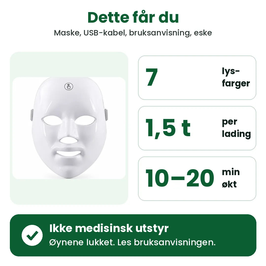 Dette får du med LED-ansiktsmasken: 7 lysfarger, 1,5 t per lading, økter på 10–20 min