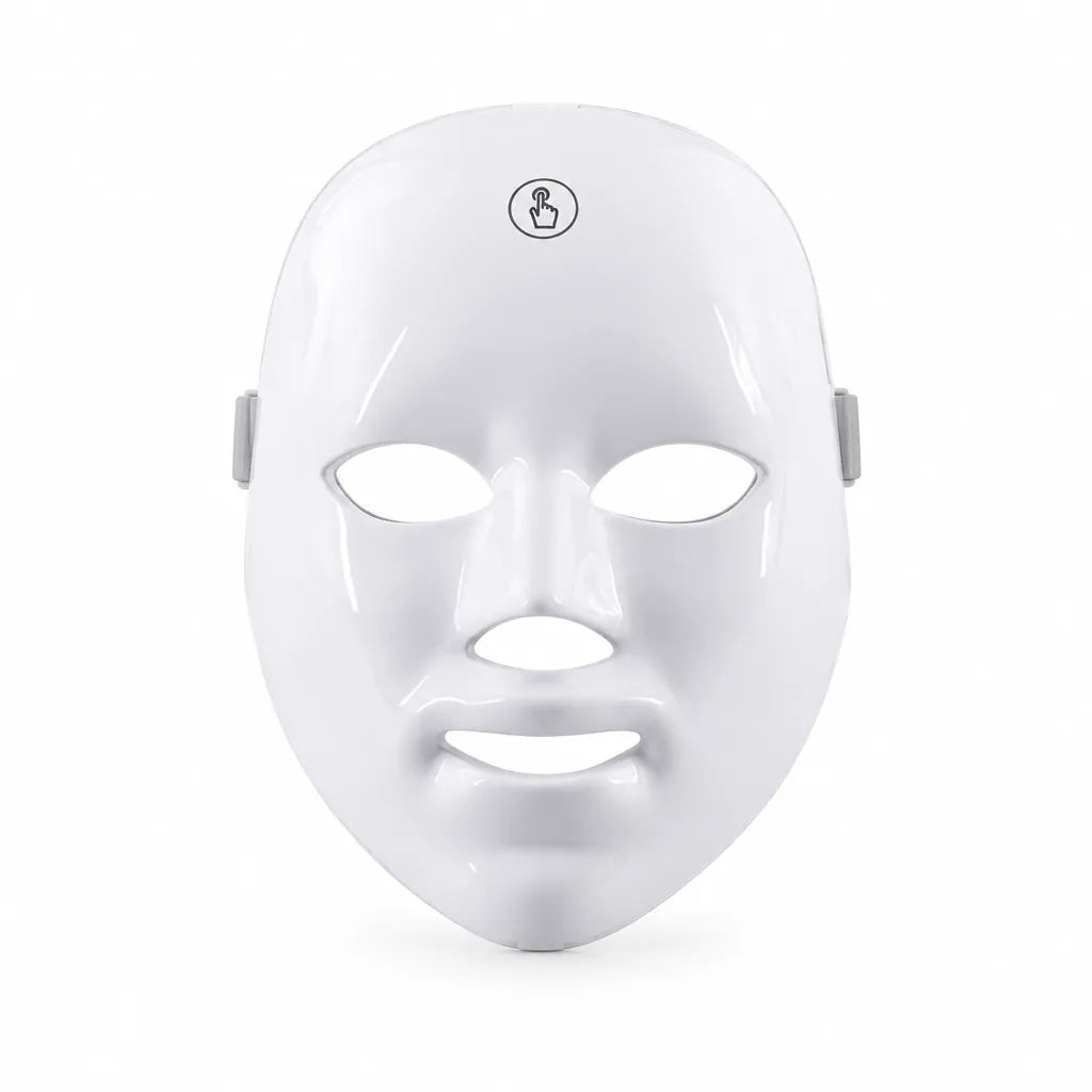 White rechargeable LED face mask with touch button, front view on a white background
