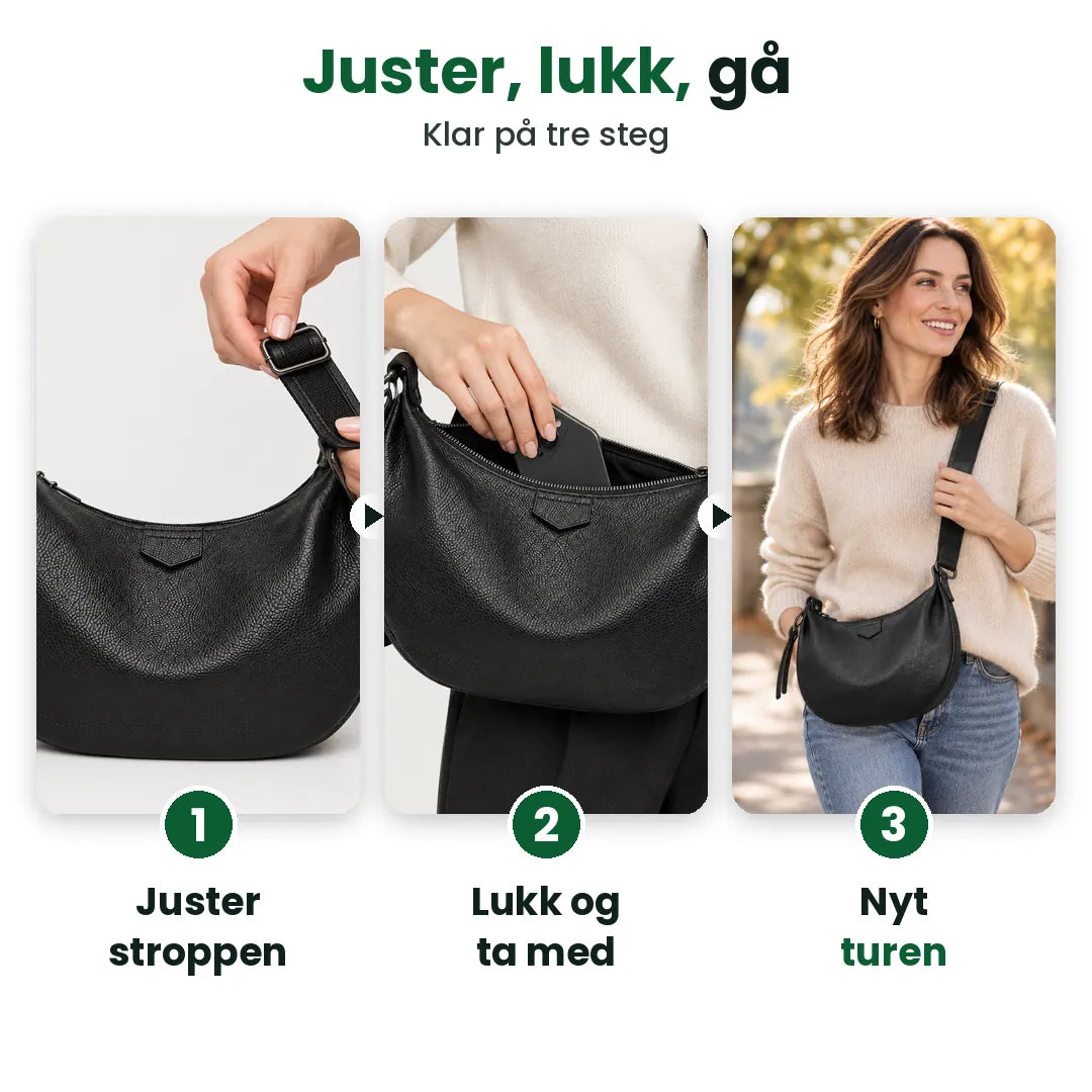 Tre steg: juster stroppen, lukk glidelåsen og nyt turen med skulderveske i skinn