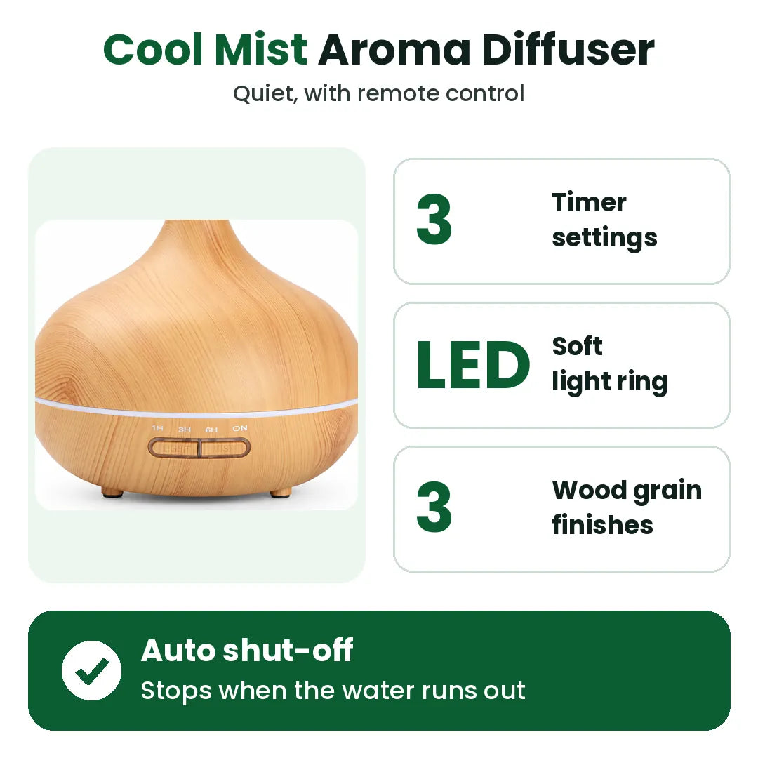Cool mist aroma diffuser with timer, LED light ring and auto shut-off