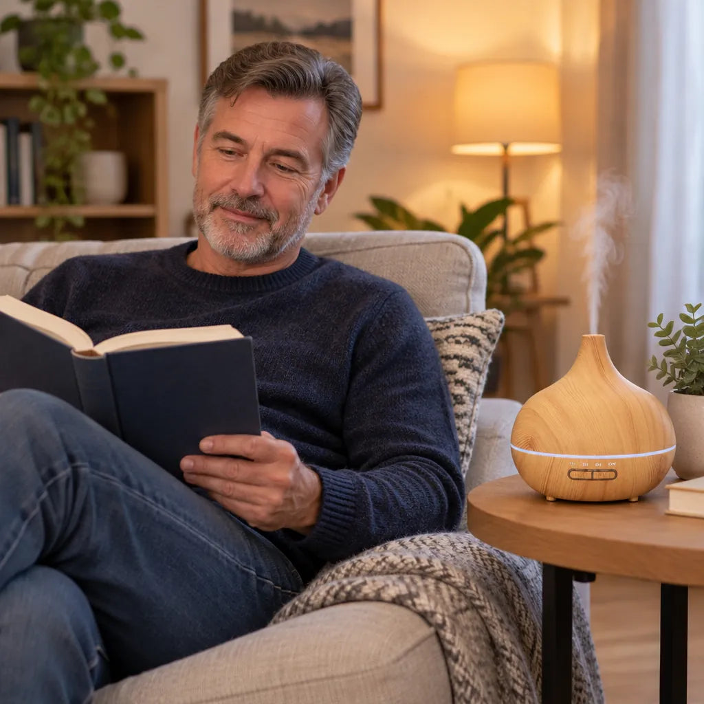 Man reading on a sofa next to an aroma diffuser on a side table