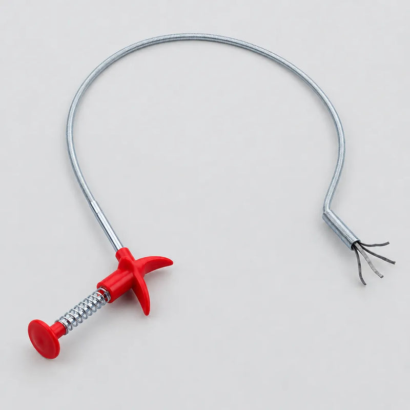The drain snake with red handle, flexible steel coil and 4-claw tip
