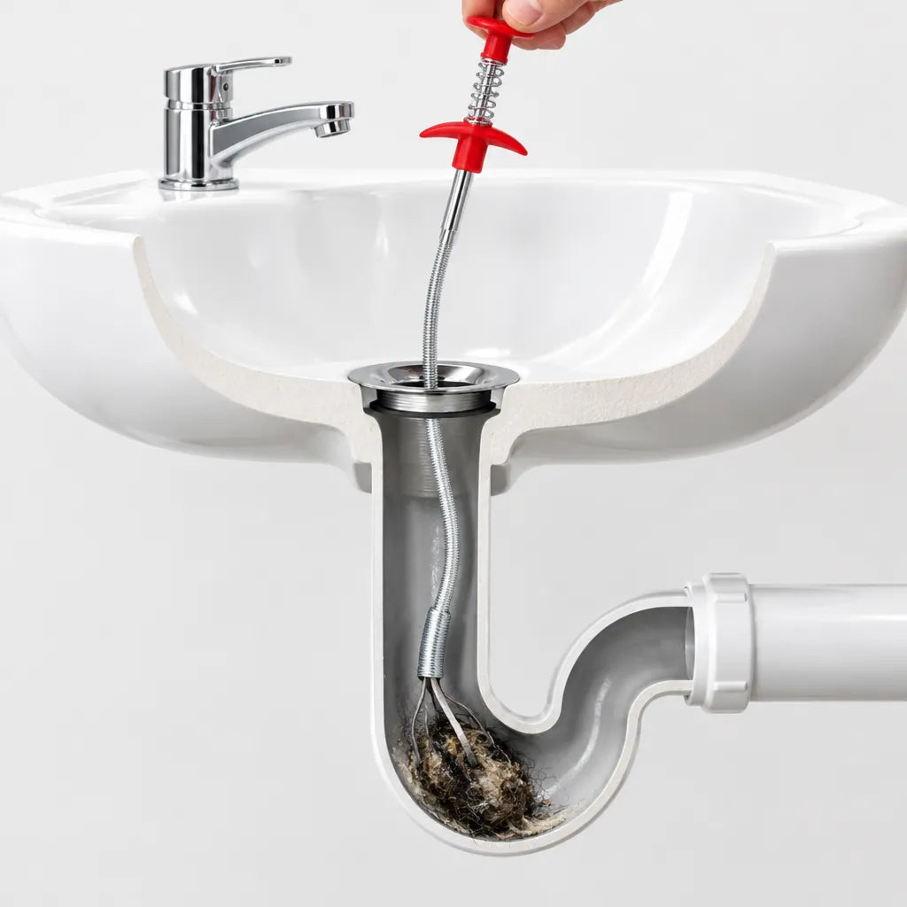 Cutaway of a sink drain with a hair clog grabbed by the drain snake's claws