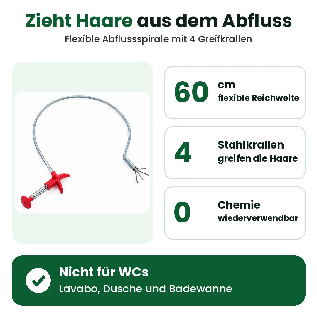 Abflussspirale: 60 cm Reichweite, 4 Stahlkrallen, ohne Chemie, nicht für WCs