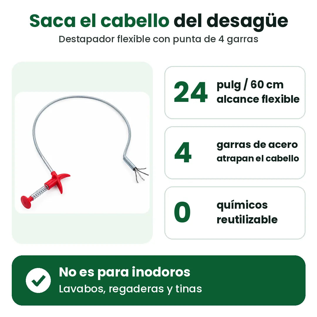 Destapa caños: 24 pulg de alcance, 4 garras de acero, sin químicos, no es para inodoros