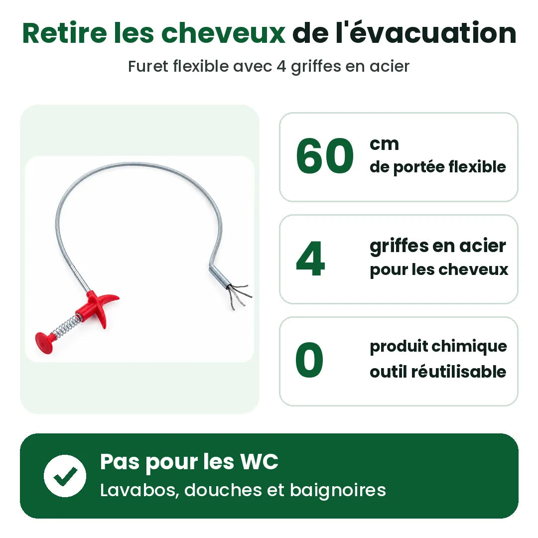 Furet déboucheur : 60 cm de portée, 4 griffes en acier, sans produits chimiques
