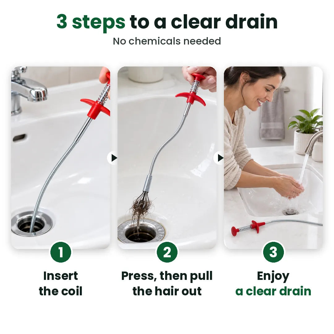 How to use the drain snake in 3 steps: insert the coil, press and pull the hair, clear drain