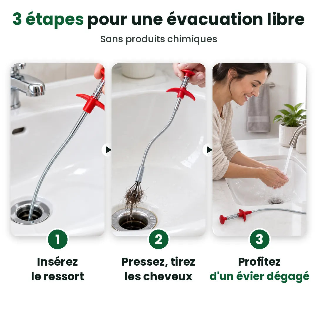 Utiliser le furet déboucheur en 3 étapes : insérer, presser et tirer les cheveux