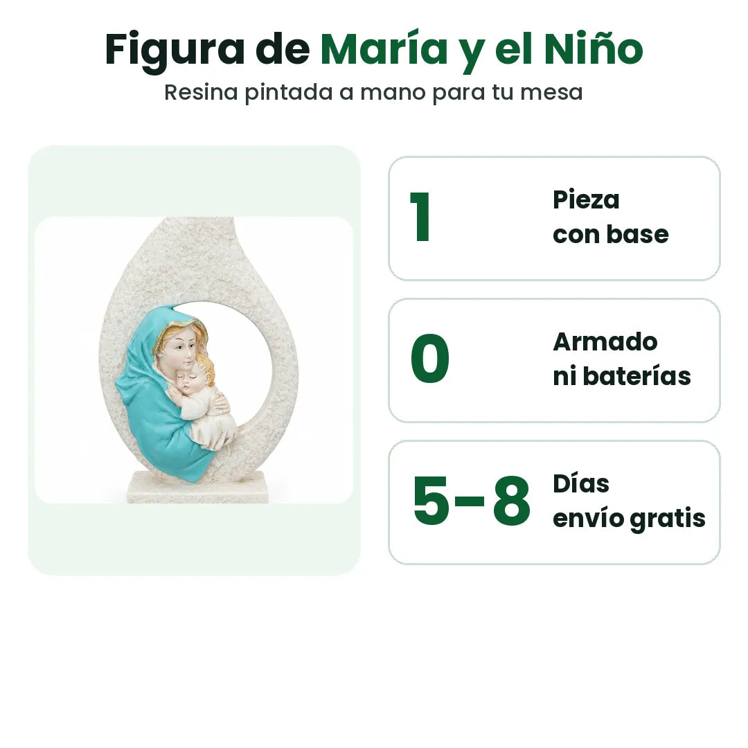 Figura de resina de la Virgen María y el Niño con sus detalles principales