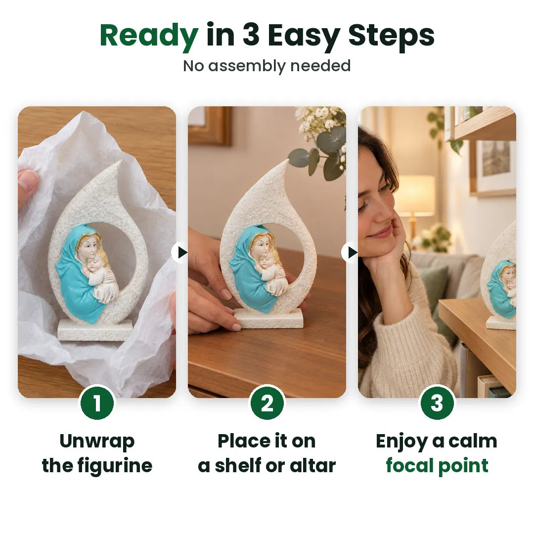 Three steps to set up a Virgin Mary statue: unwrap, place, enjoy