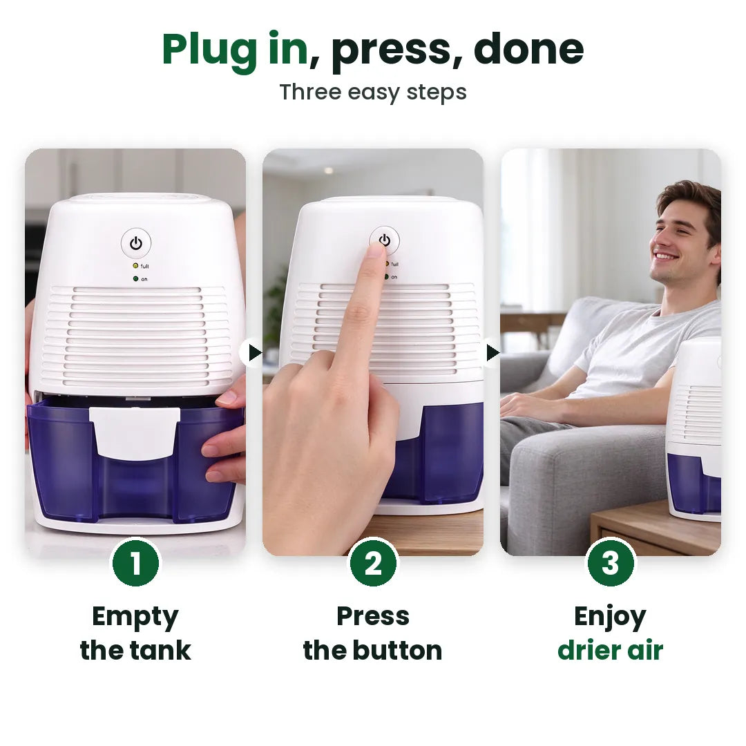 Three steps to use a mini electric dehumidifier: empty tank, press button, enjoy drier air