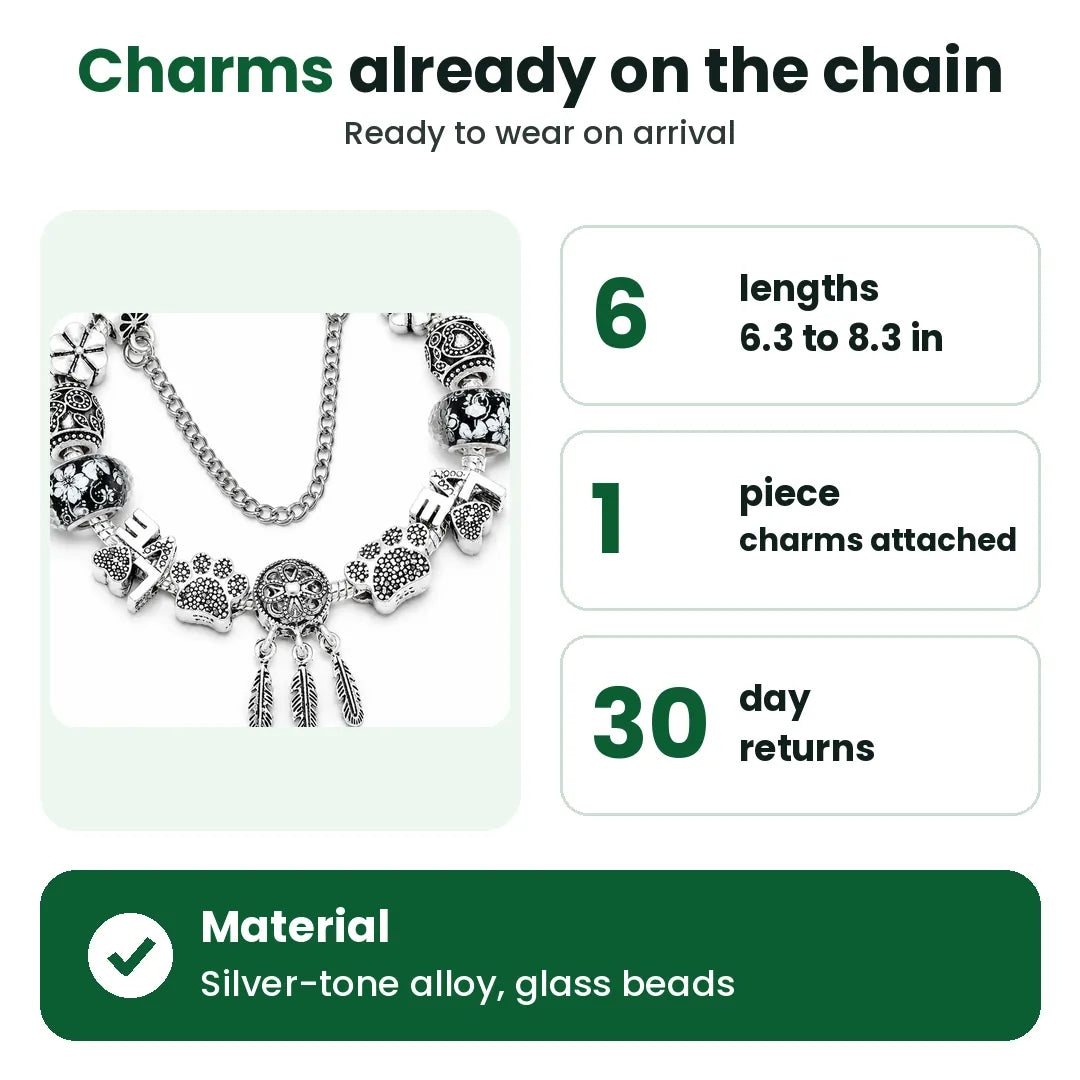 Silver charm bracelet with charms already attached, six lengths from 6.3 to 8.3 in