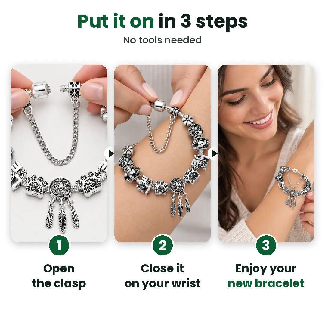 Three steps to put on a silver charm bracelet: open the clasp, close it, enjoy