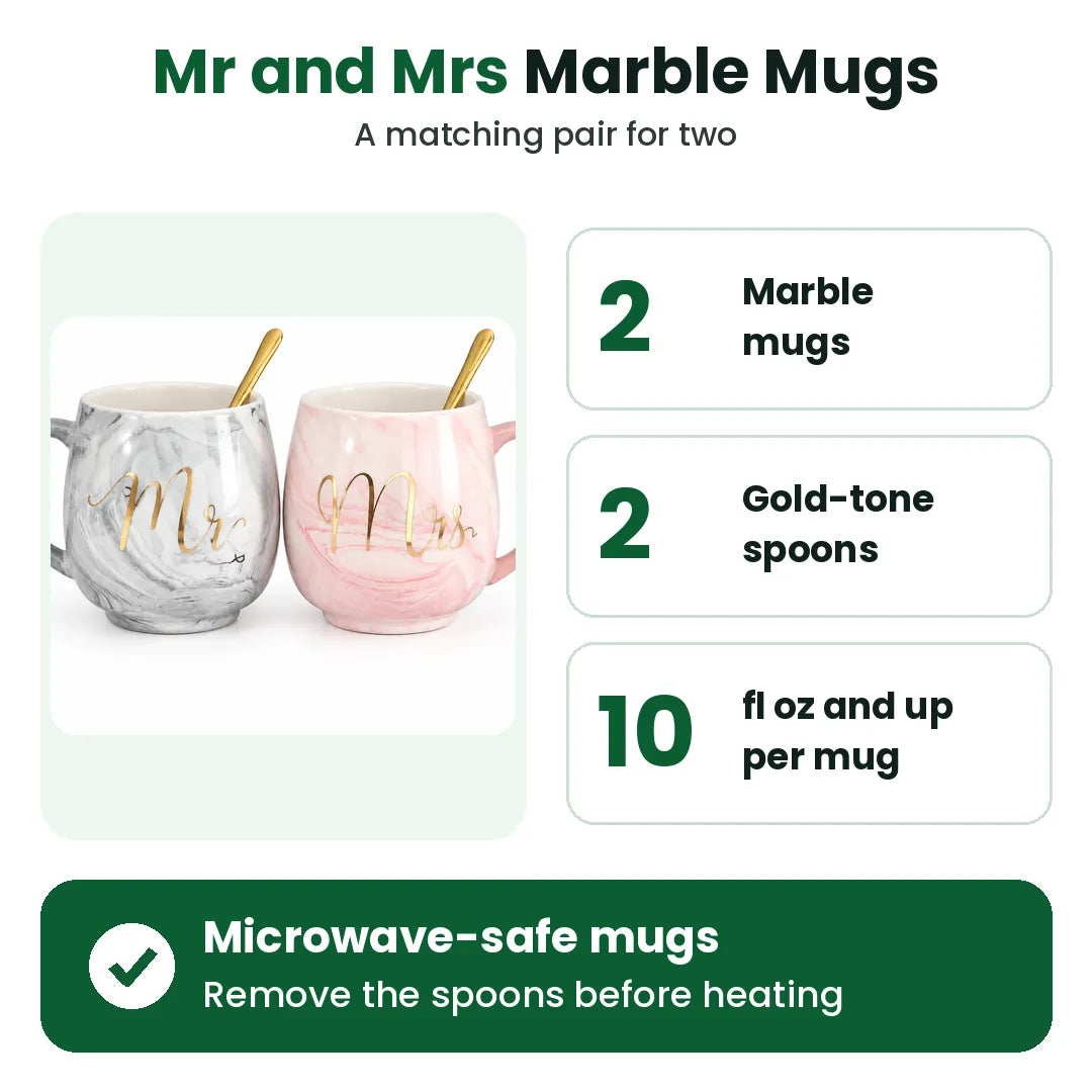 Mr and Mrs marble mugs set of 2 with two gold-tone spoons, microwave-safe ceramic