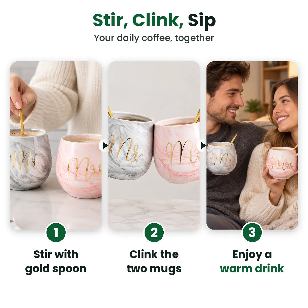 Stir, clink and sip: three steps with the Mr and Mrs marble mugs and gold spoons