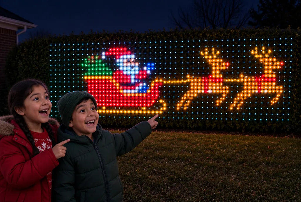 Kids pointing at Santa's sleigh on the LED net over a bush