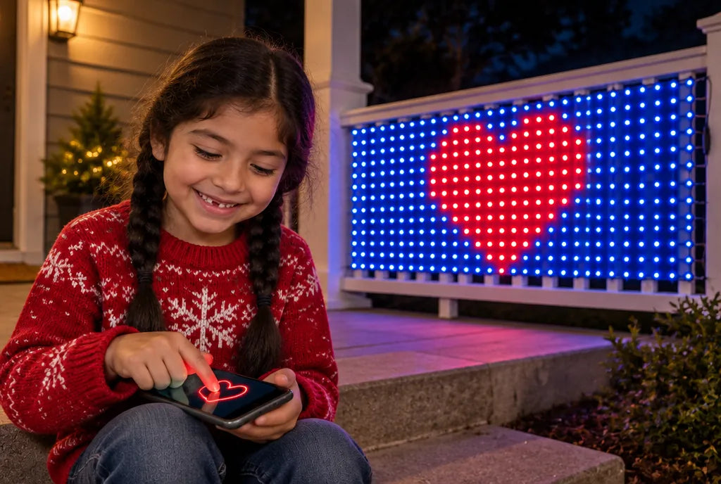 Girl drawing a heart on the phone that shows up on the LED net